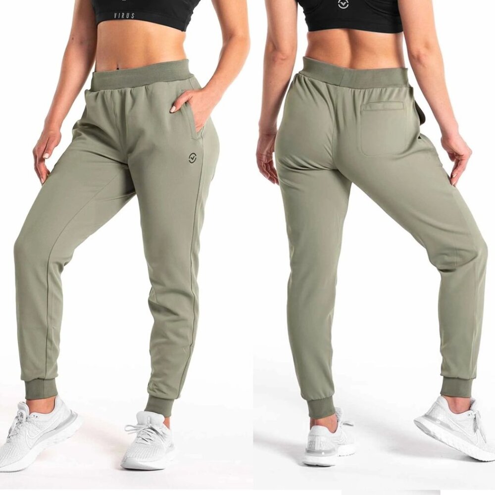 NWT Virus Intl Womens Unwind Pants Joggers Athletic Vetiver Olive Green